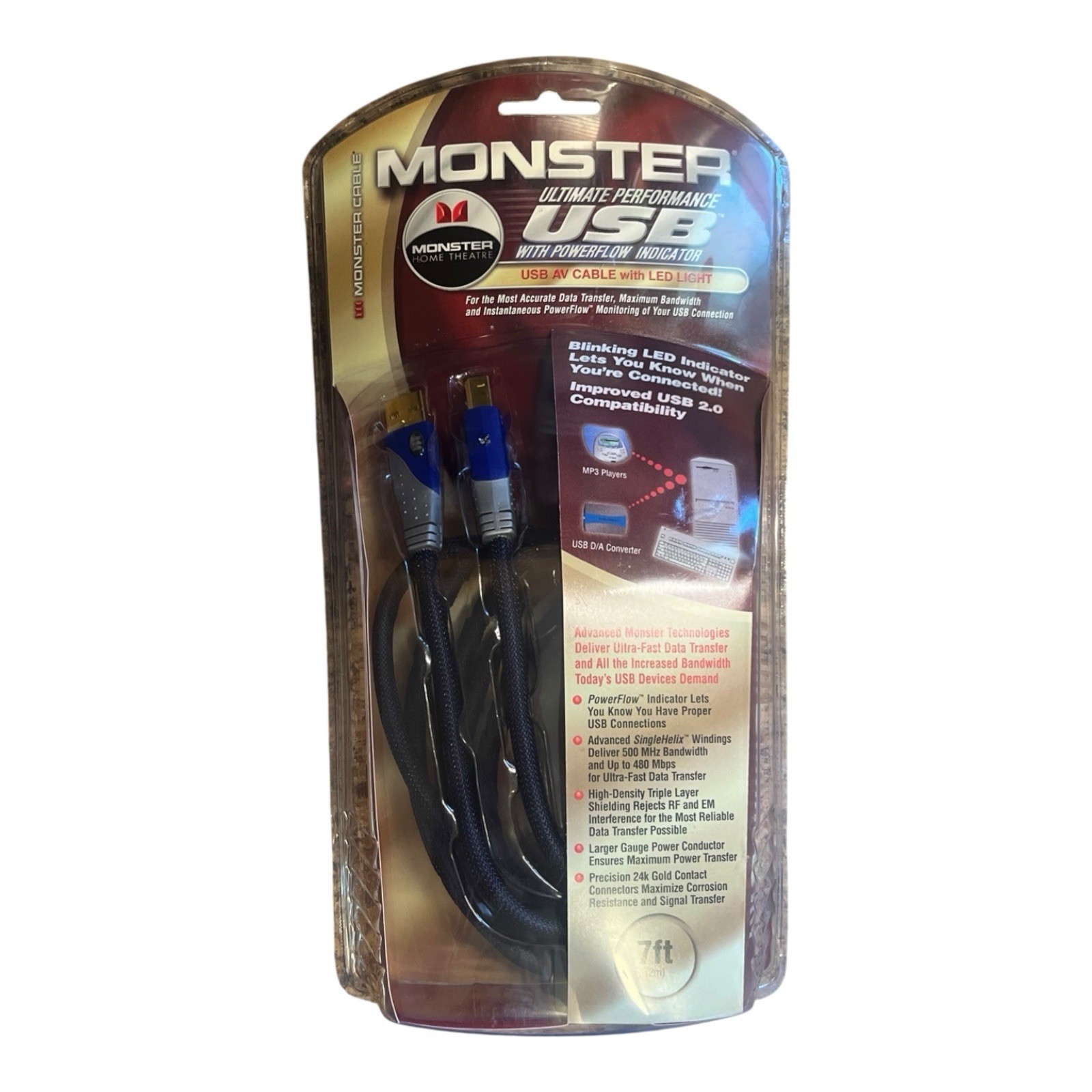 NEW Monster Ultimate Performance 7ft USB AV Cable LED Light Powerflow Indicator