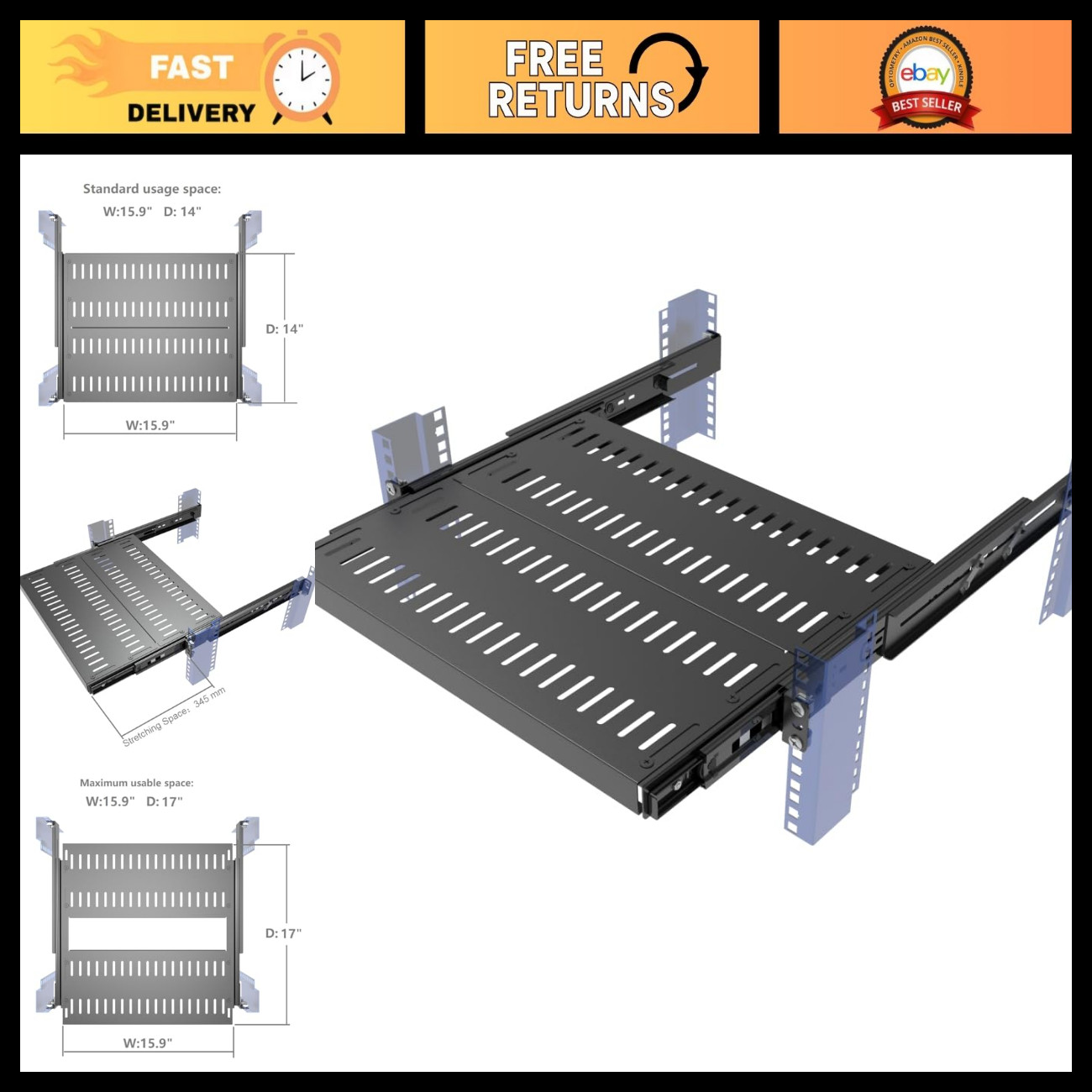 4-Post Vented Sliding Rack Shelf - Adjustable Mounting Depth 15"-22" - 1U Space