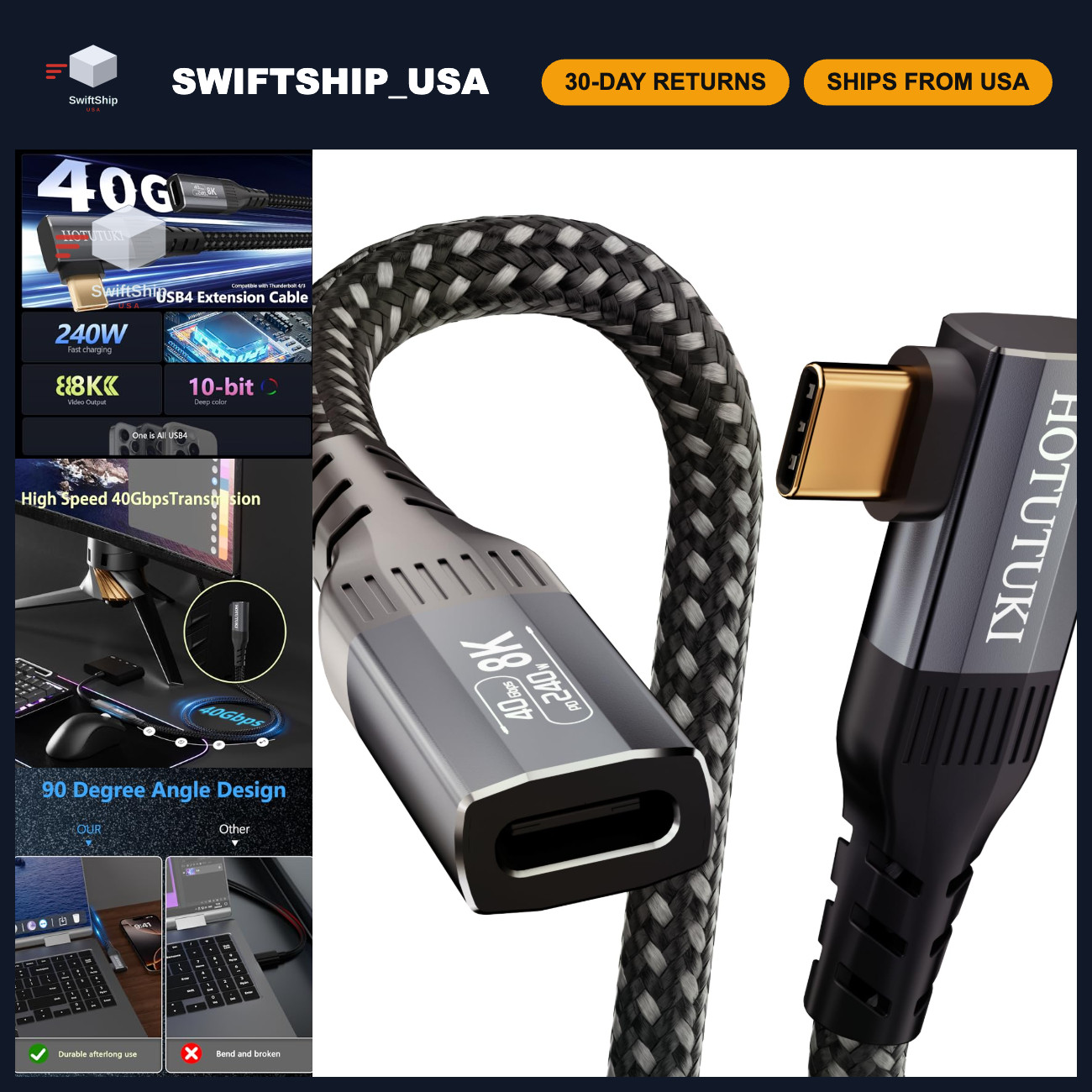 Right Angle USB C Extension Cable 3.3FT, 40Gbps Data Transfer, 8K Video, 240W PD