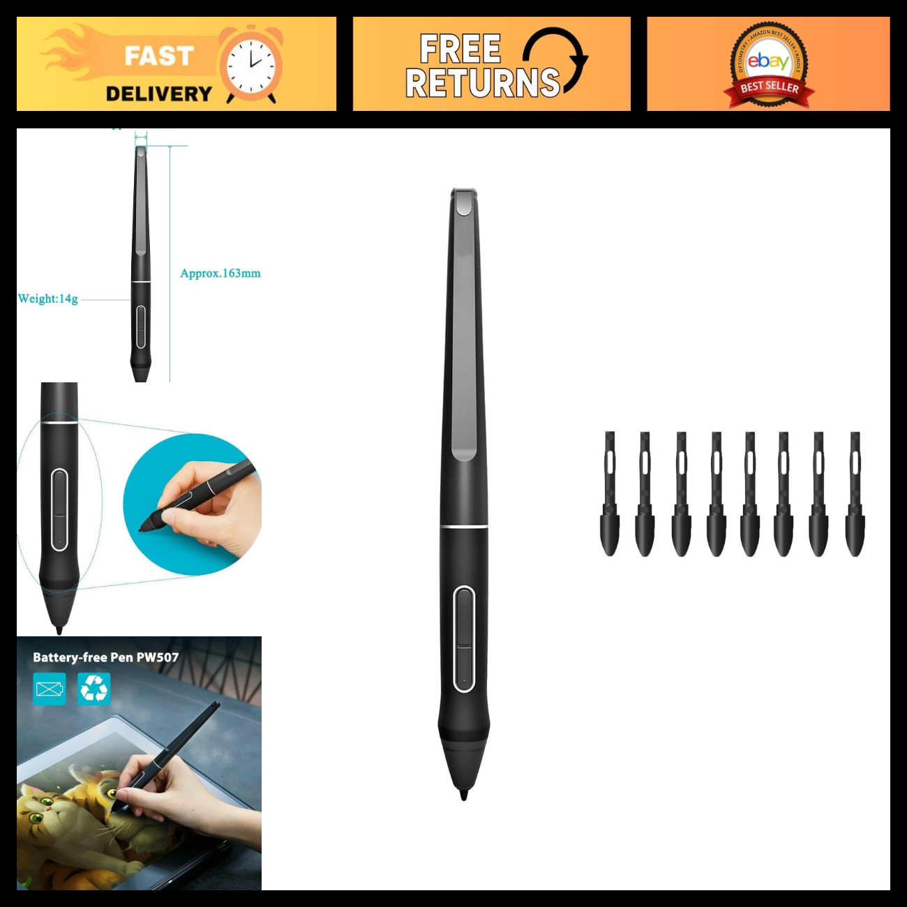 Battery-Free Stylus Pen for Kamvas Pro 12/13, Kamvas 16/20 - Graphics Tablet Acc