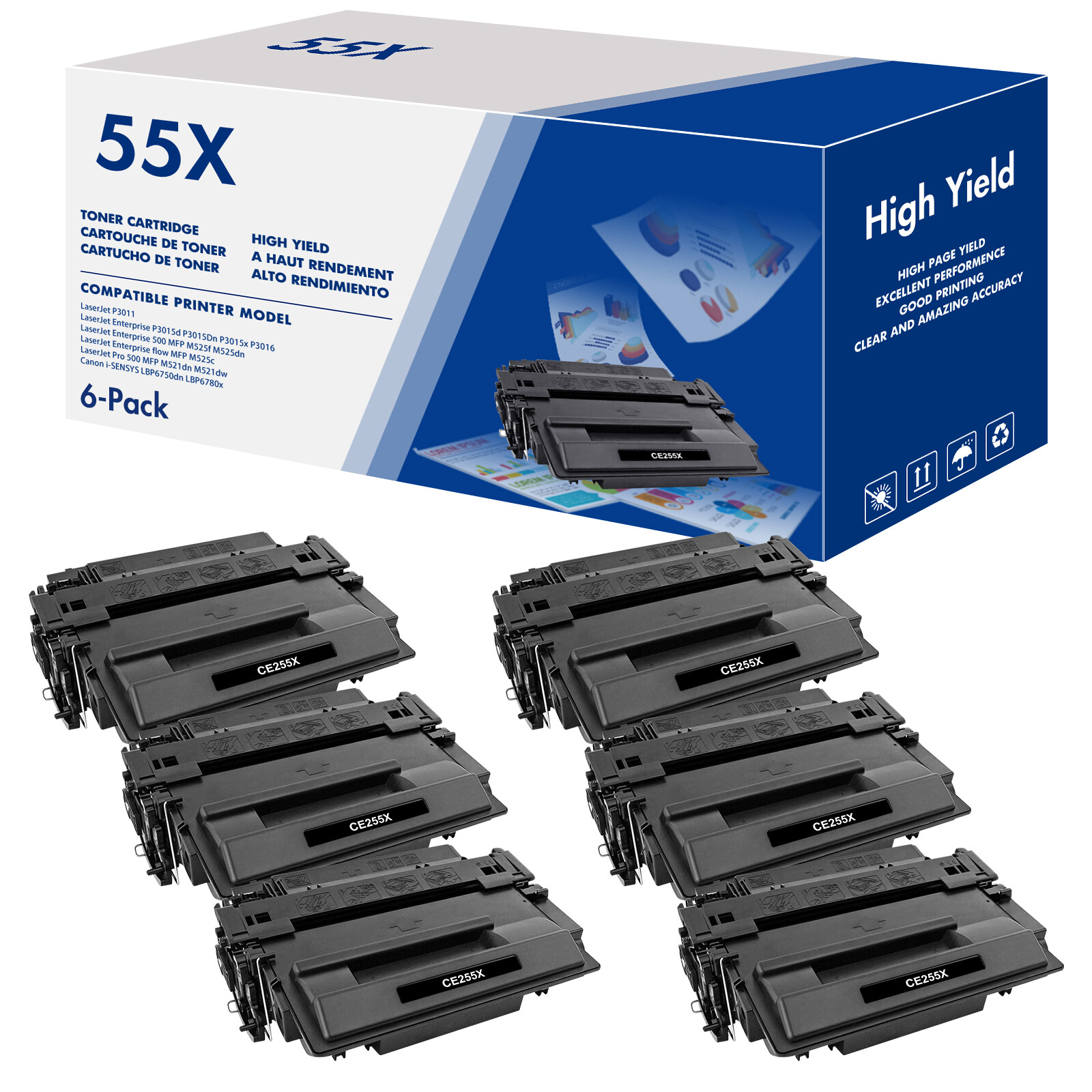 6X CE255X Toner Compatible With HP 55X LaserJet Enterprise flow MFP M525c M521dw