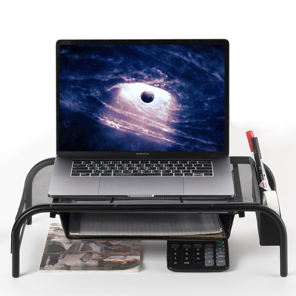 For Desk Monitor Metal Stand Riser Sturdy Table with Organizer Drawer, Black