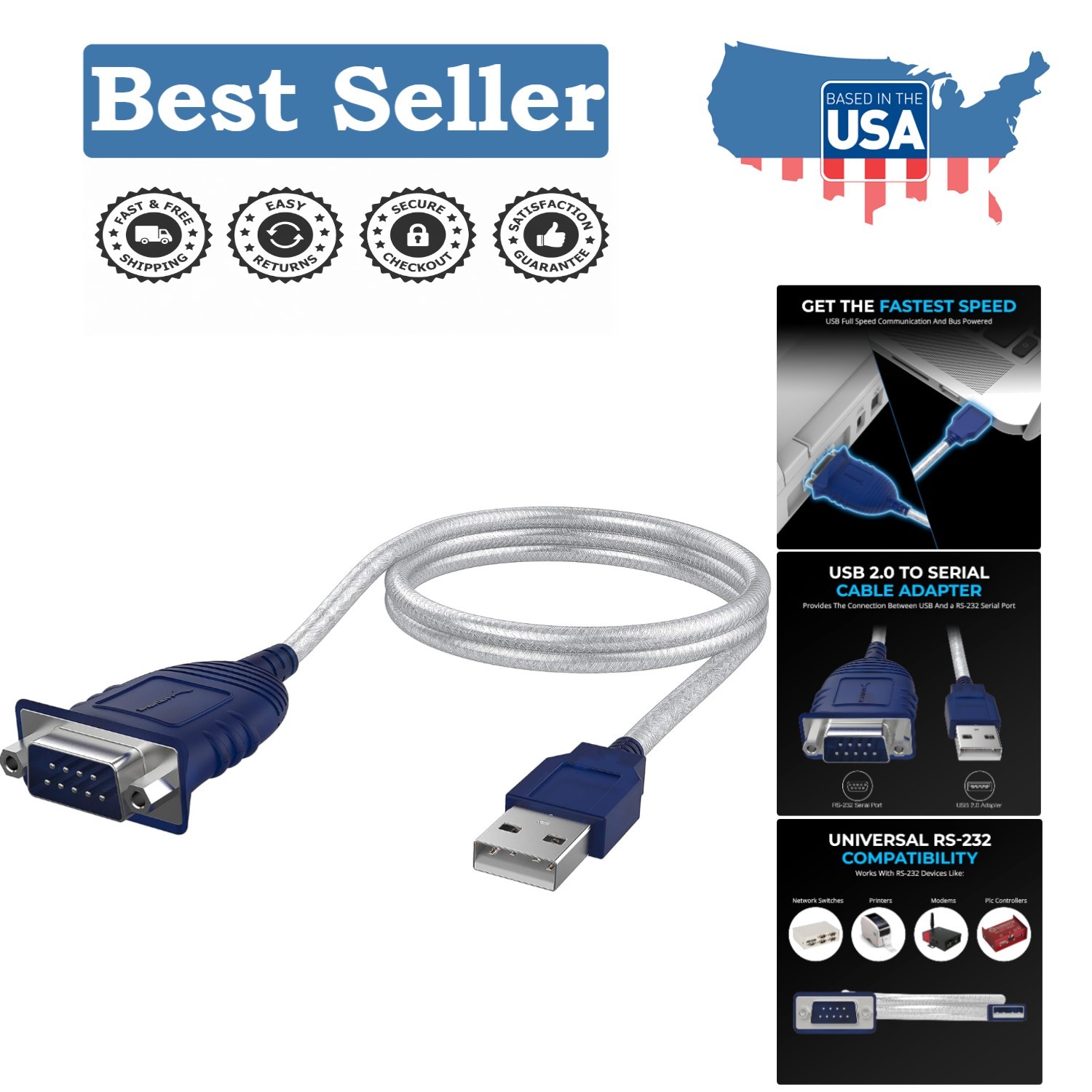 Plug & Play USB to Serial 9 Pin DB9 Converter - 2.5ft Cable, Lifetime