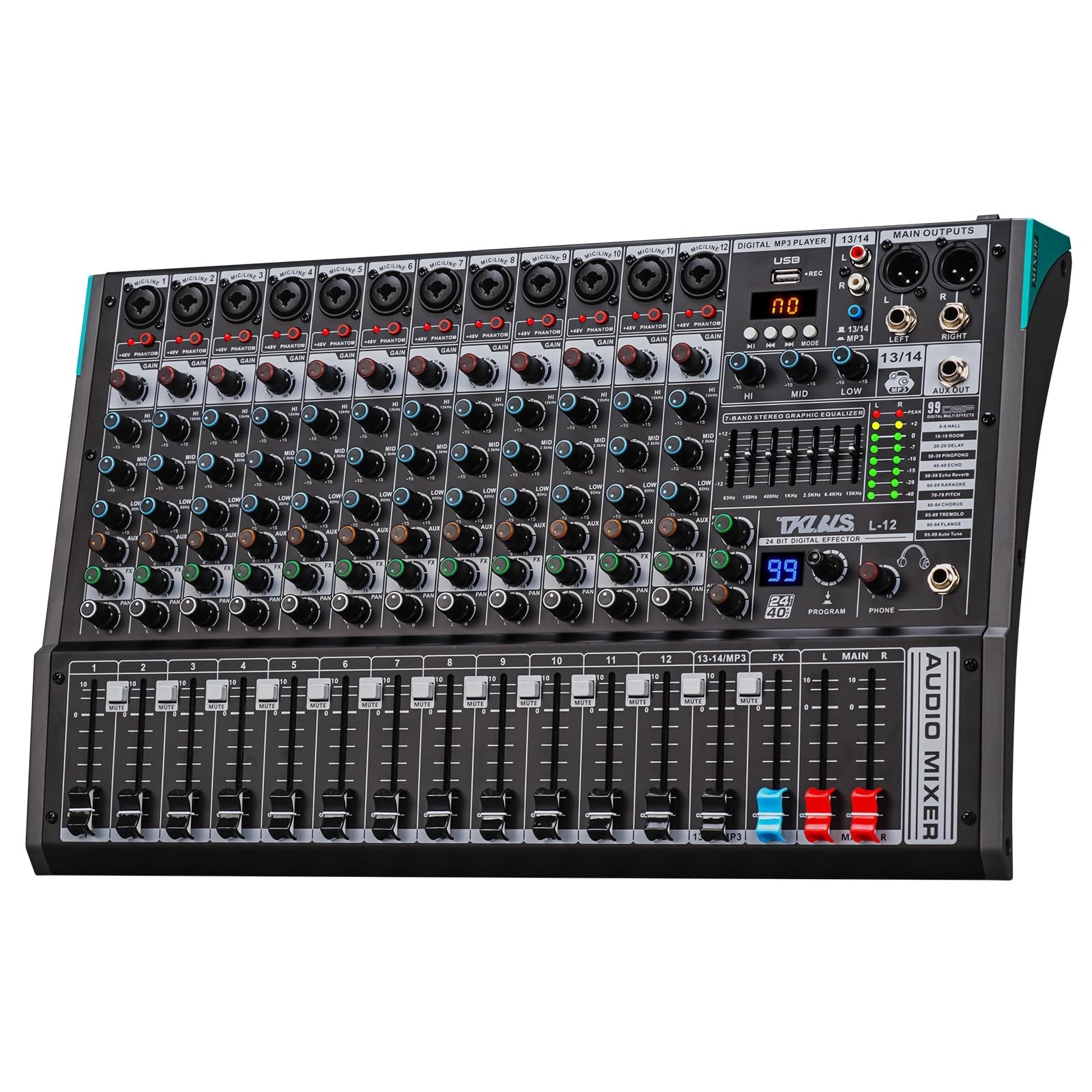 12-Channel Audio Mixer with USB, 99 DSP Effects, 48V Phantom Power | 7-band o...