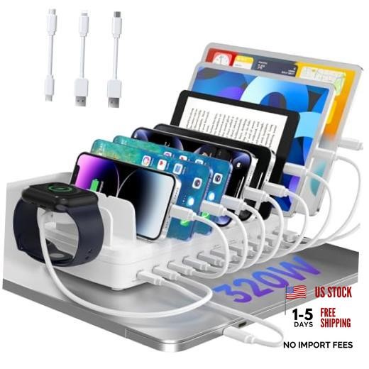 320W Charging Station for Multiple Devices, 10 Ports Fast Multi-Device White