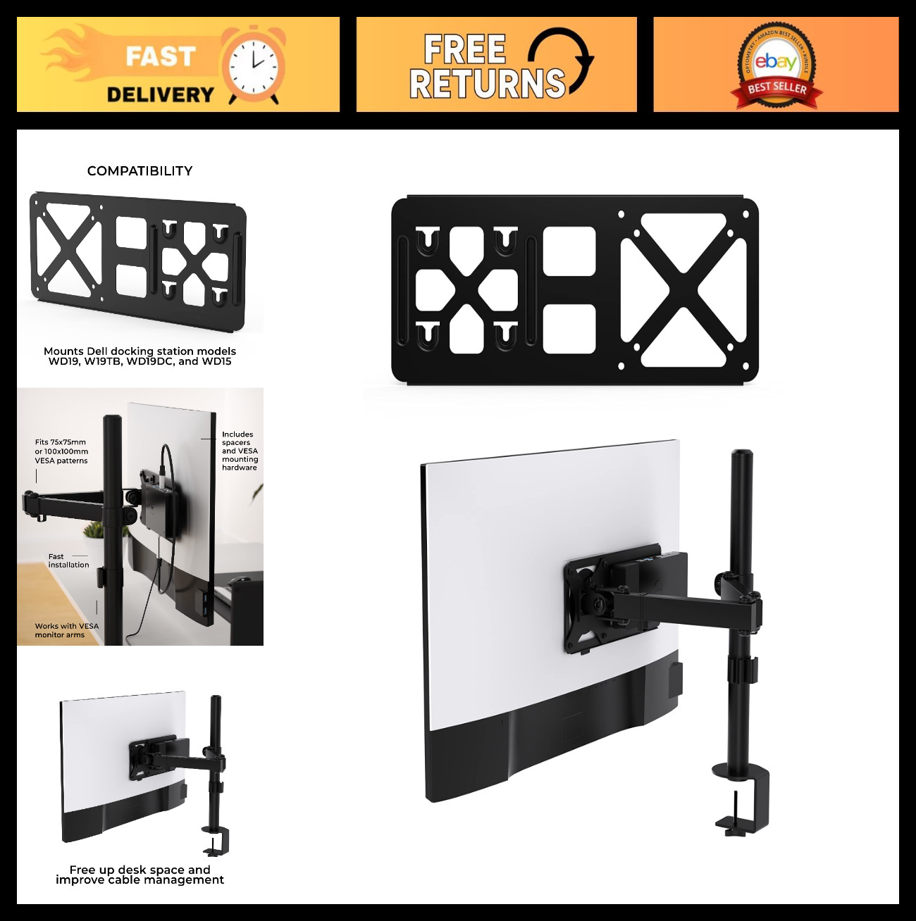 VESA Monitor Arm Extension for Dell Docking Station WD19, WD15 | Adjustable Moun