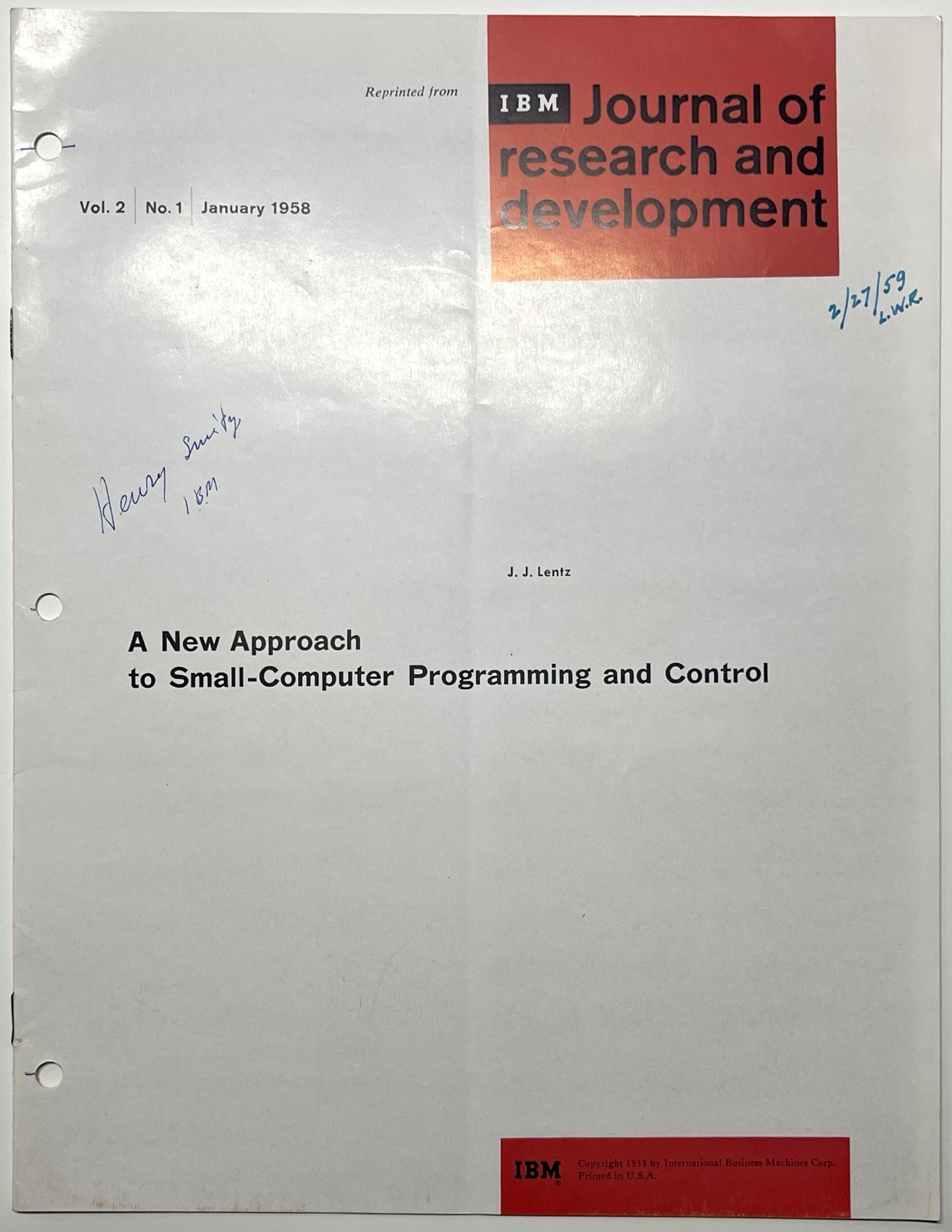 1958 IBM 610 SMALL COMPUTER PROGRAMMING CONTROL OFFPRINT IBM JOURNAL ORIGINAL PC
