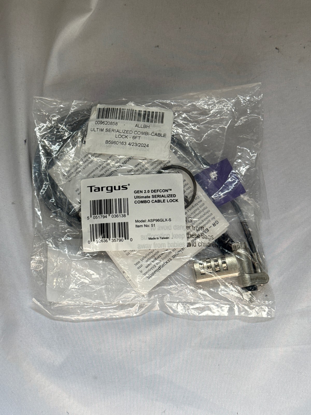 Targus Gen 2.0 DEFCON Ultimate Serialized Combo Cable Lock - 6ft