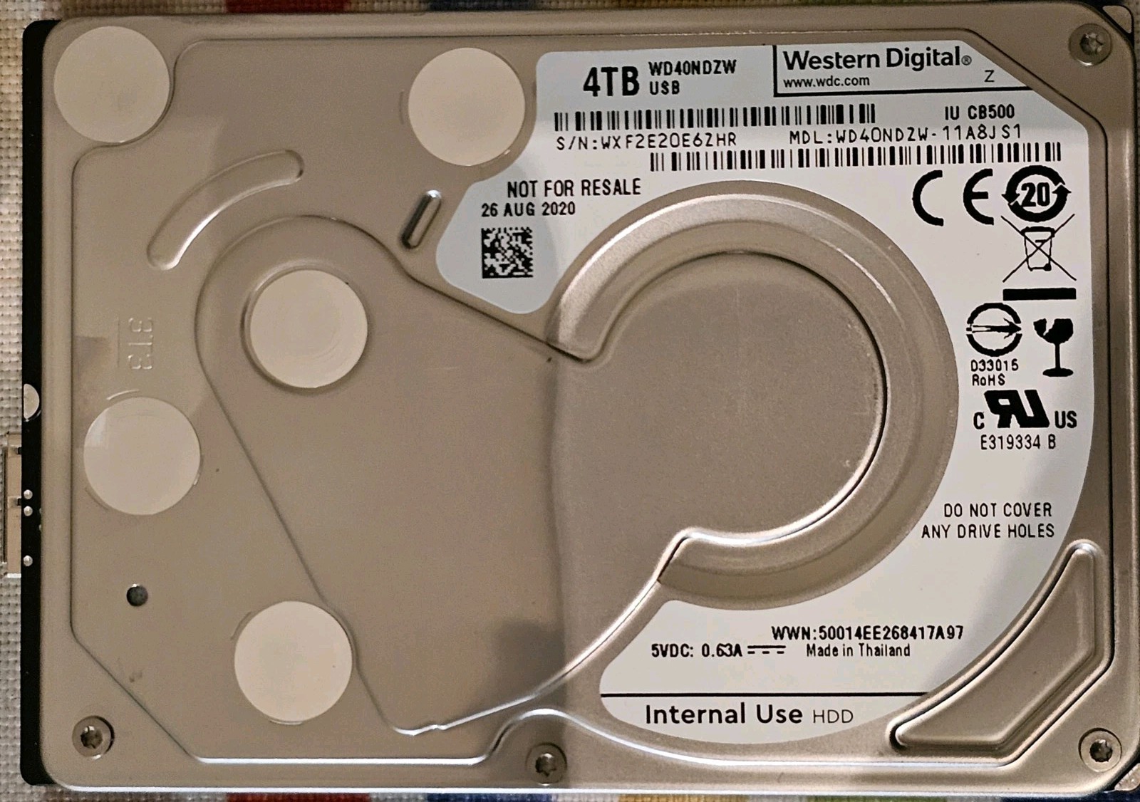 WD40NDZW-11A8JS1 S/N: WXF2E2 WESTERN DIGITAL 4TB THAILAND AUG-2020