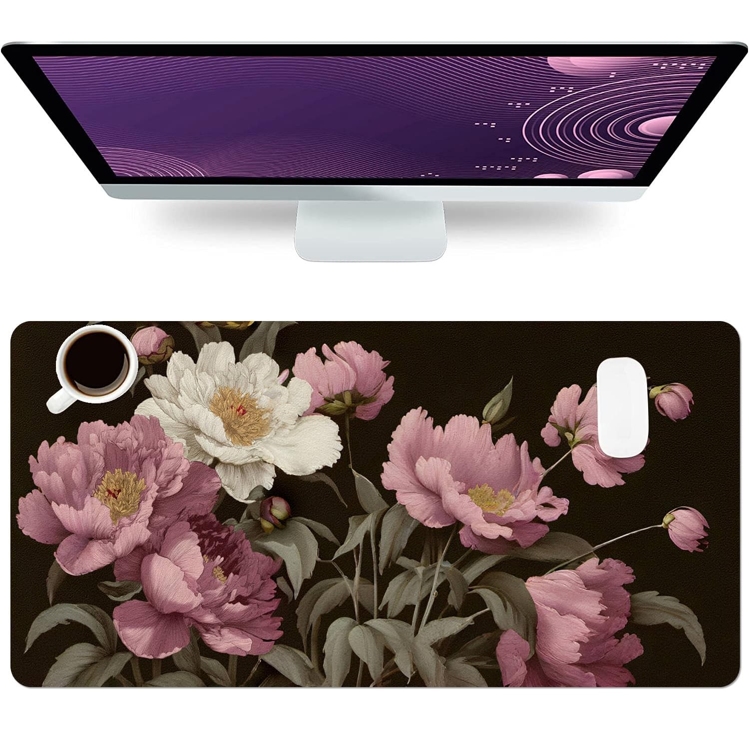 Large Mouse Pad, Black Floral Desk Mat for Desktop, Women Girls Flowers PU Le...