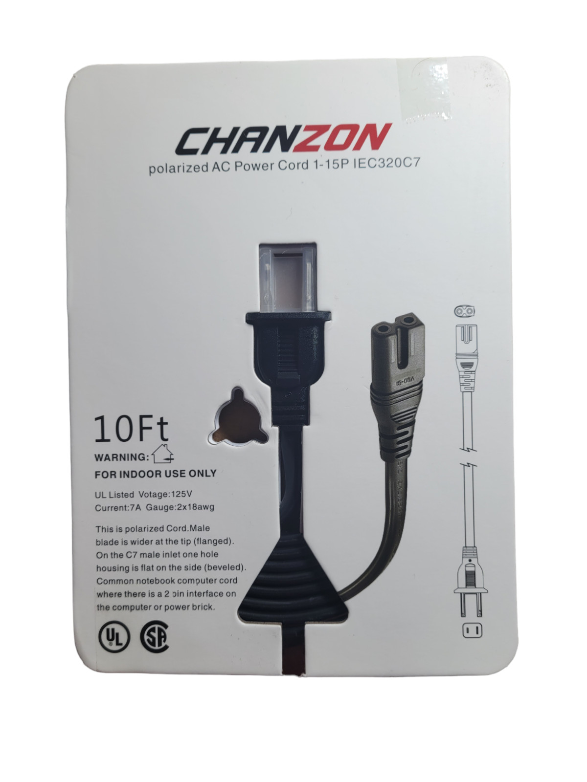 Chanzon Polarized AC Power Cord 1-15P IEC320C7 10Ft BRAND NEW