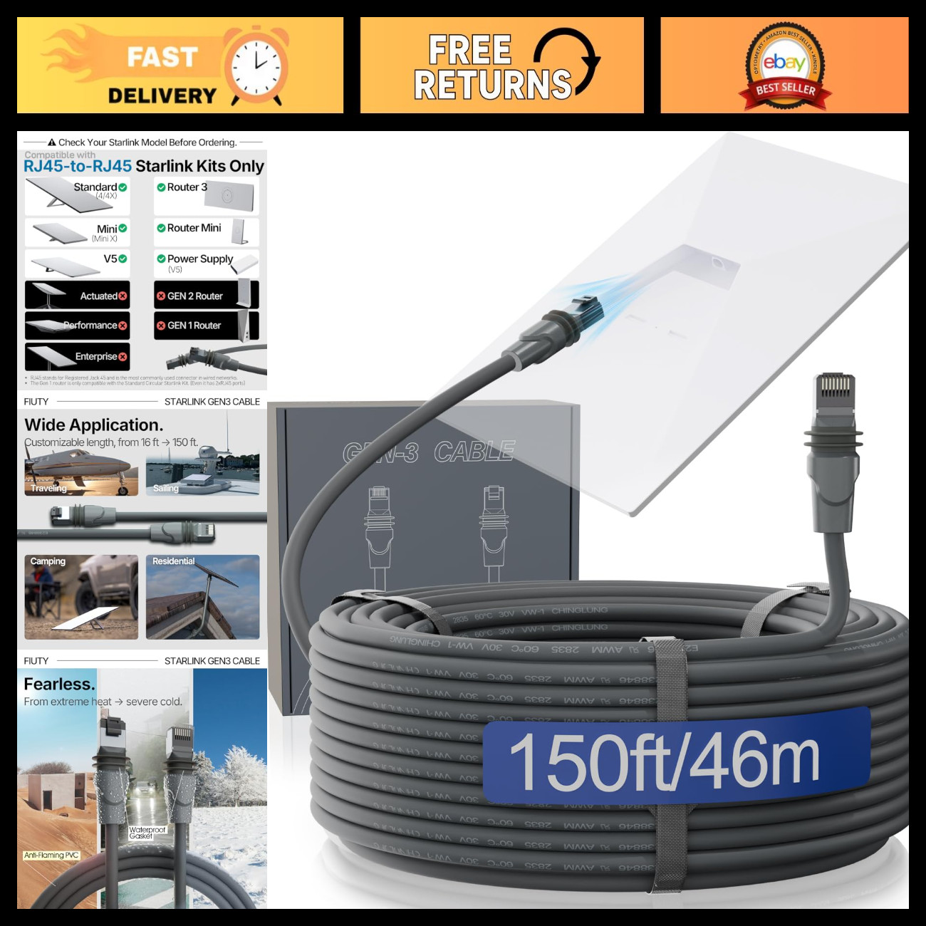 150FT Starlink Extension Cable for Standard 4/4X/V4/V5, Gen 3 Premium Quality