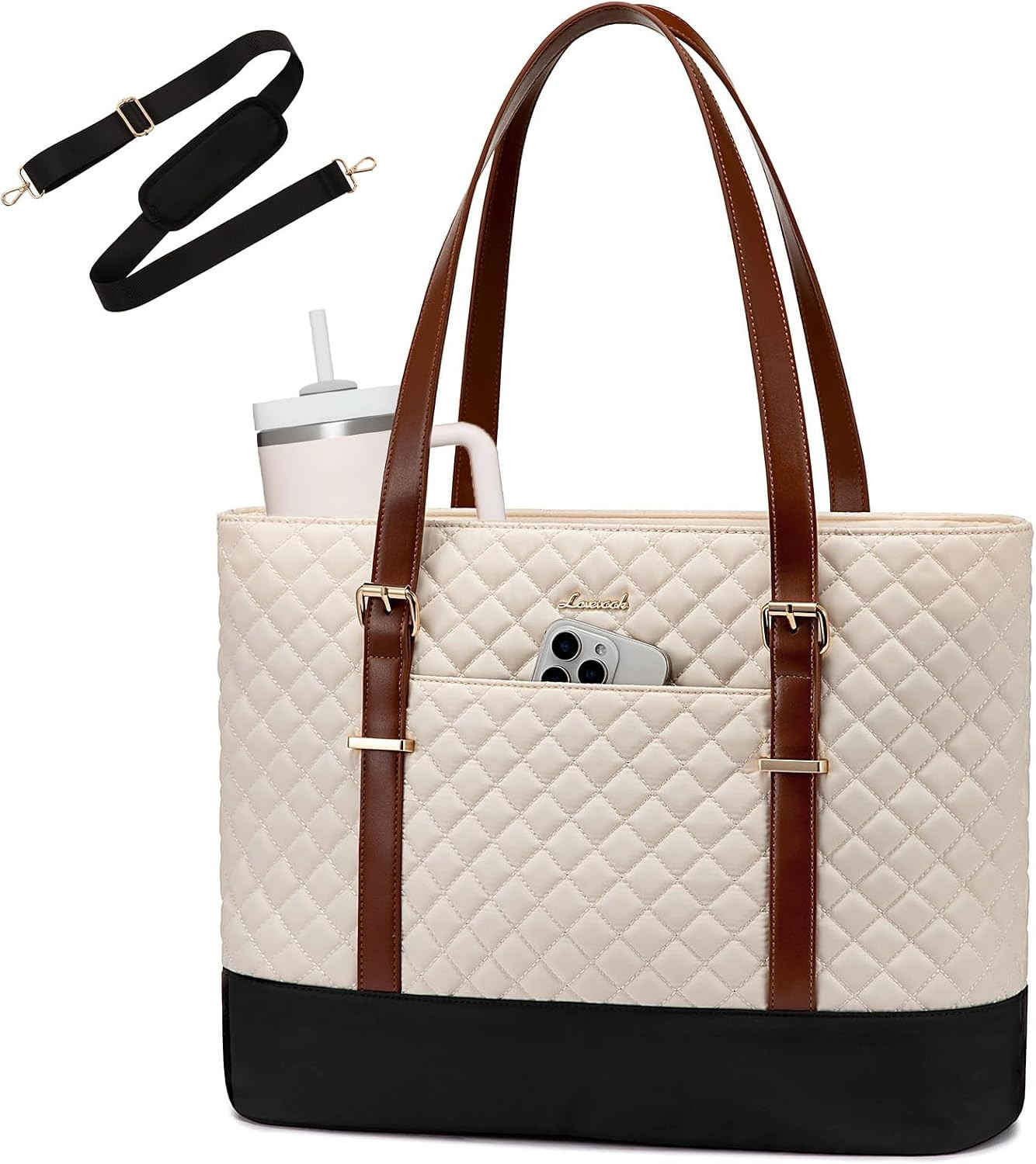 Laptop Bag for Women, 15.6 Inch Work Tote Computer Bag with Large Cup Holder, Li