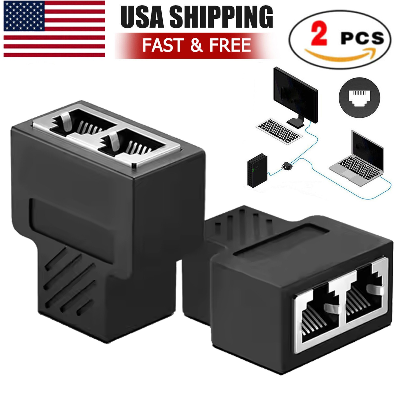 2 PCS RJ45 Ethernet Connector Splitter 1 to 2 sockets Internet Cable Cat 5 6 7