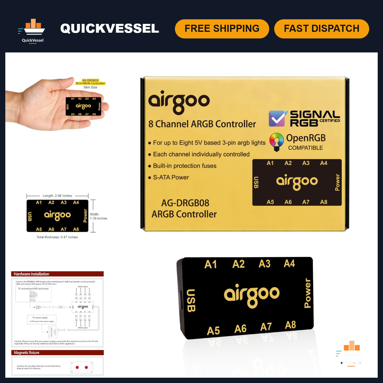 8-Port Magnetic USB ARGB Controller for RGB Lighting, Supports SignalRGB & OpenR