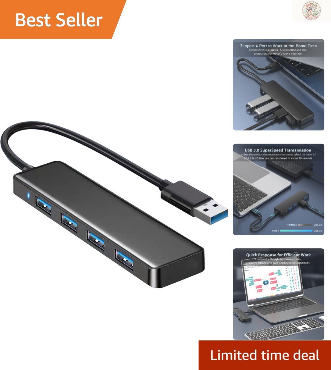 Effortless 4-Port USB 3.0 Expander with LED Indicator for Ultimate Connectivity