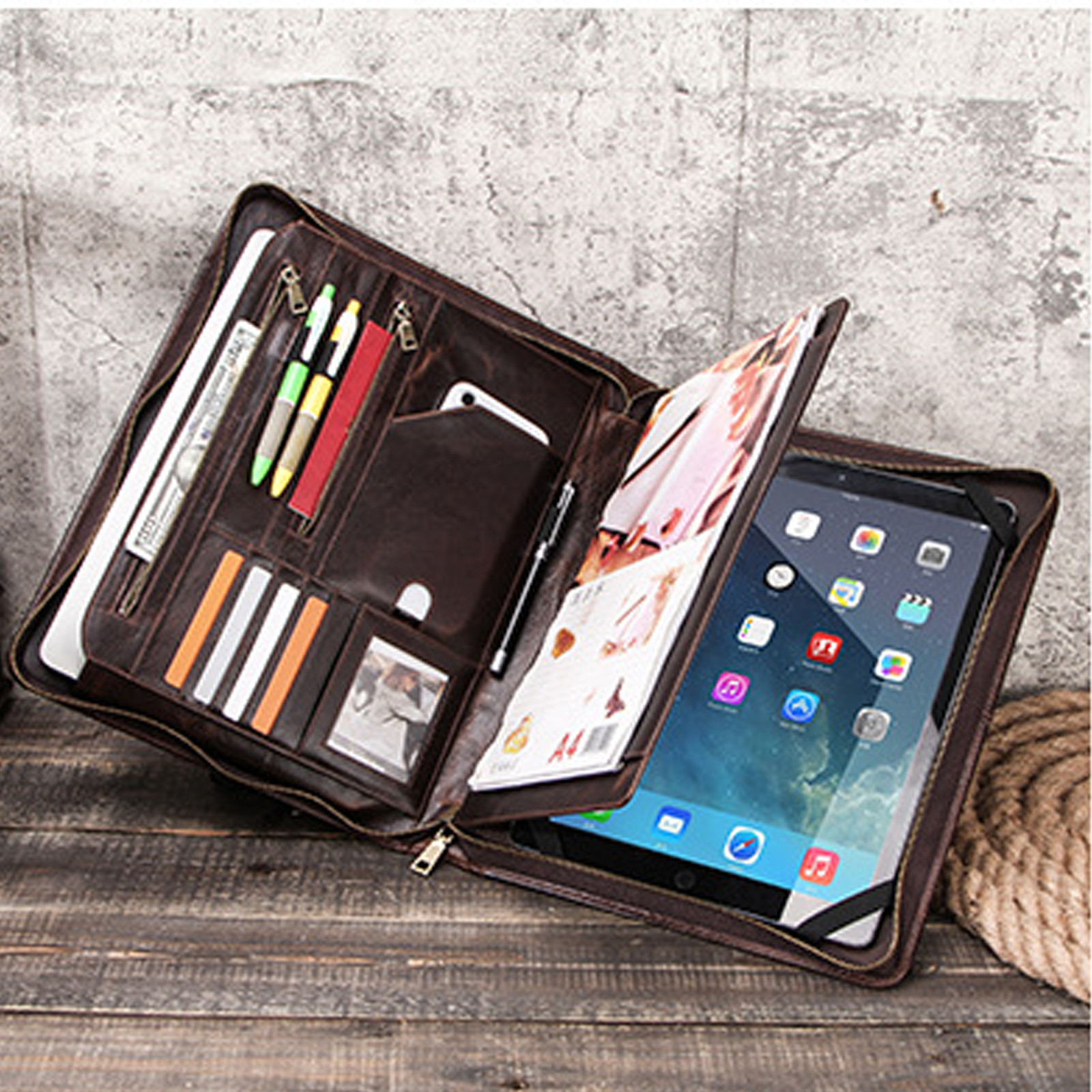 For iPad Pro 12.9" Luxury Leather Case with Multifunctional Pockets and A4 Slot