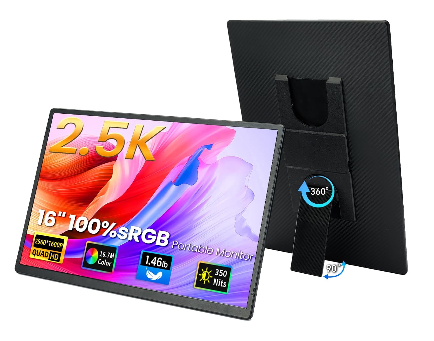 16" 2.5K Portable Monitor - QHD Laptop Screen Extender 100% sRGB Wide Color H...
