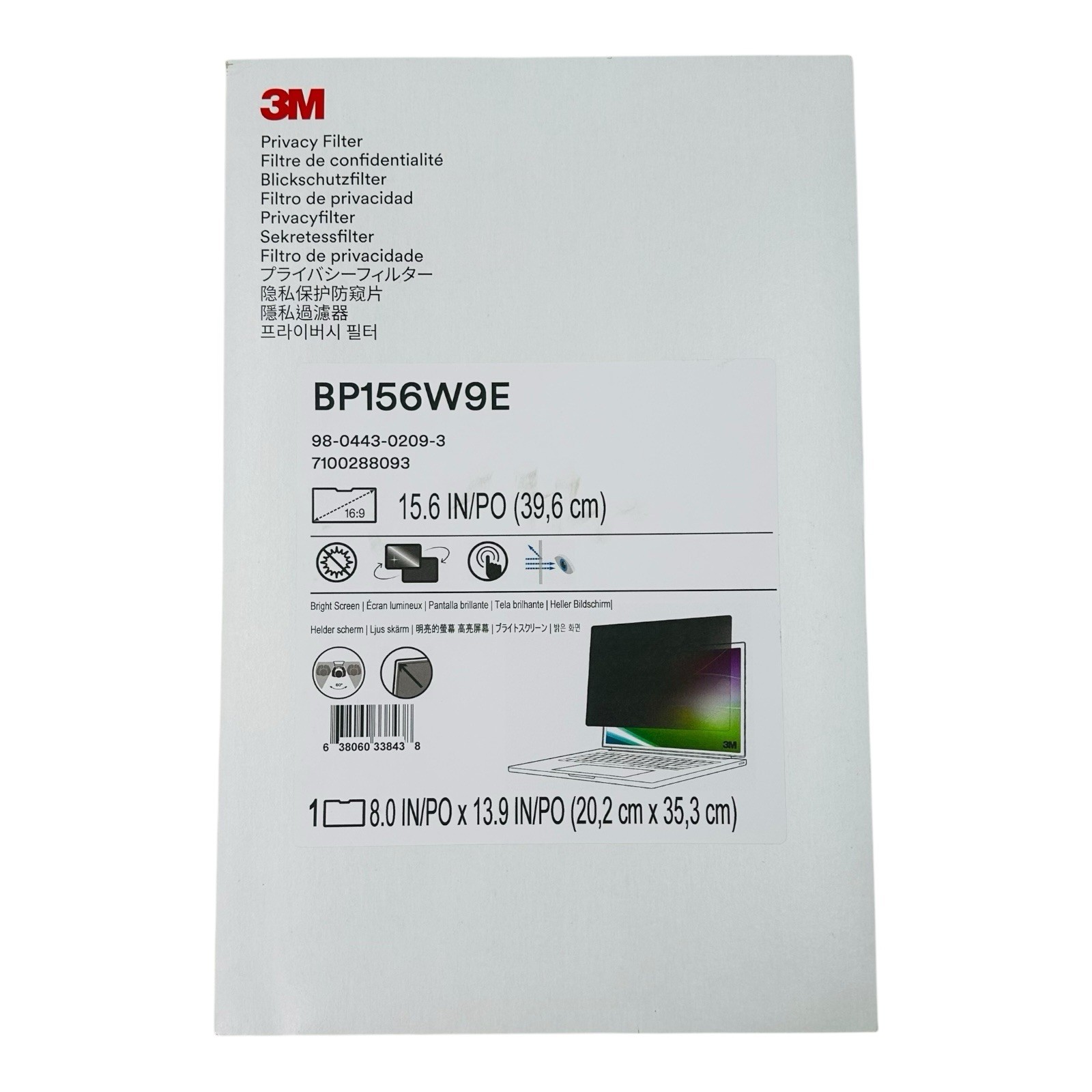 3M Bright Screen Privacy Filter for 15.6" Full Screen Laptop 16:9 BP156W9E