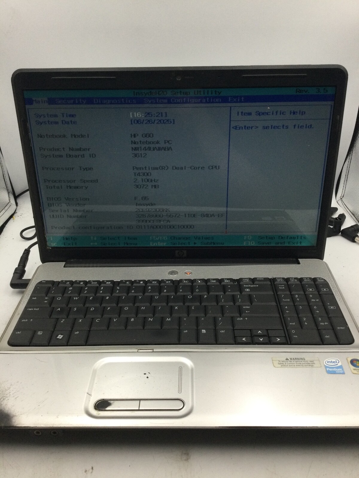 HP G60 LAPTOP - BOOTS TO BIOS - INTEL PENTIUM DUAL CORE - 3GB RAM - READ DESC-BB