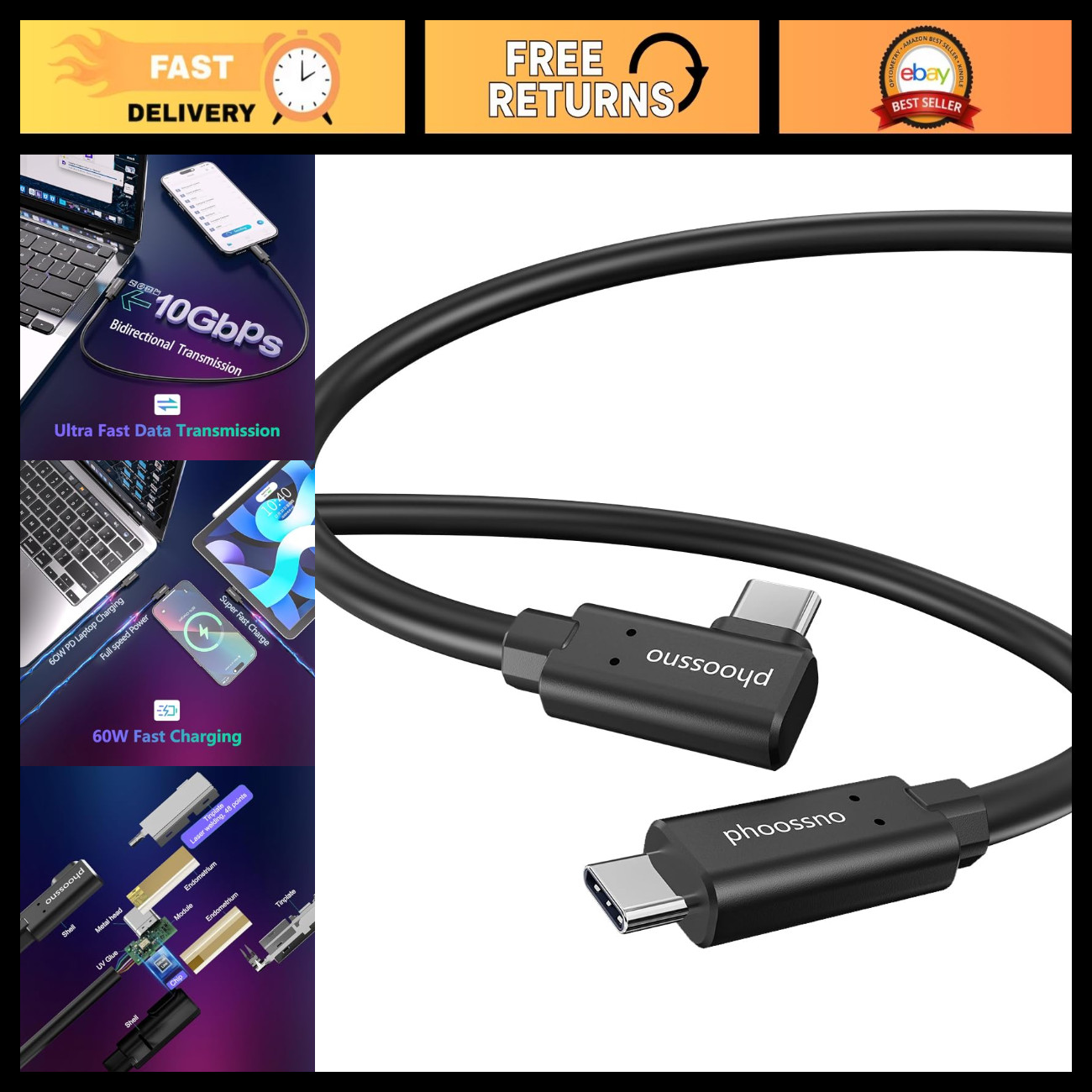 25ft USB C Fiber Optic Cable, 10Gbps Data Transfer & 60W Fast Charge, Compatible