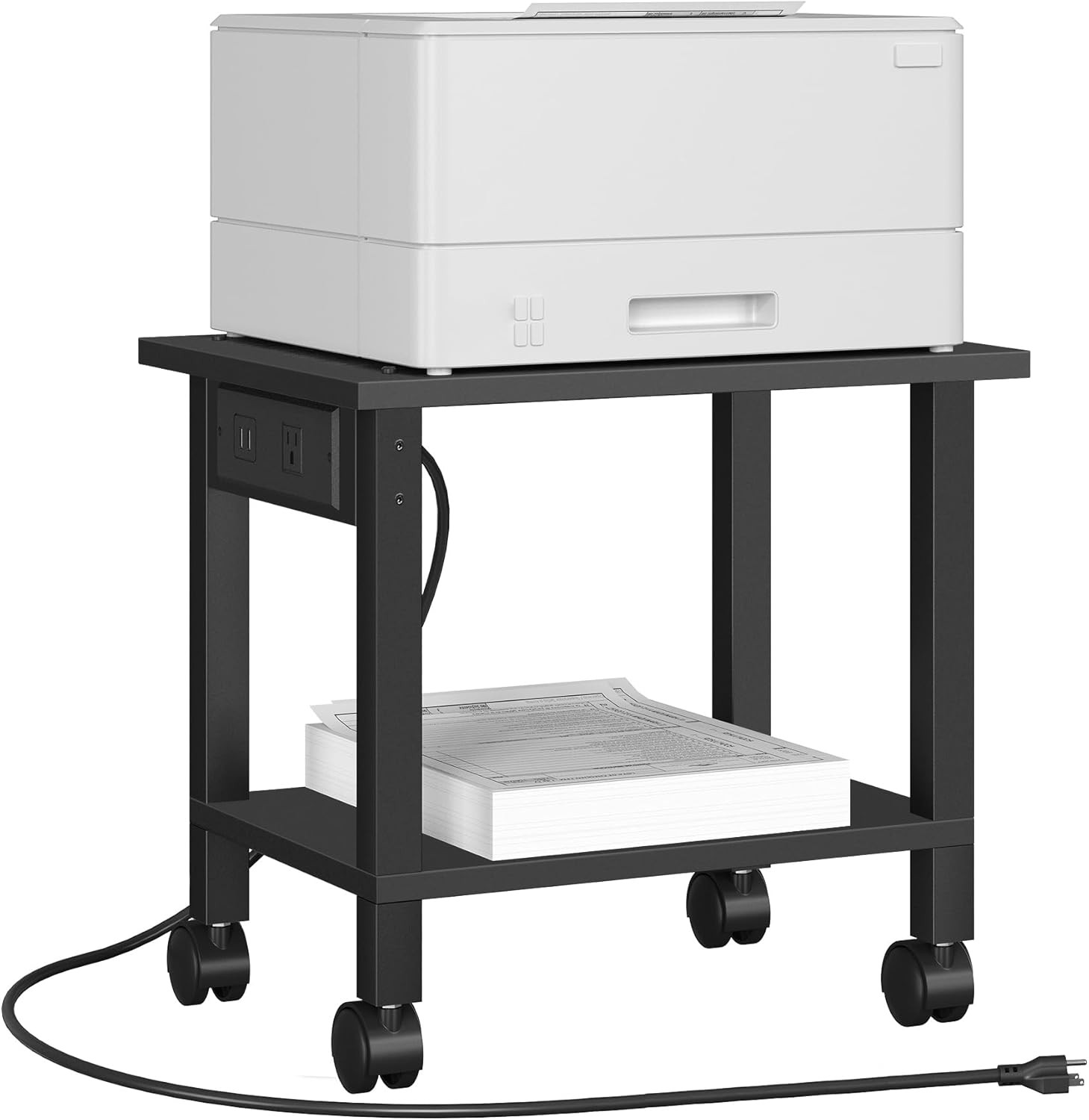 TUTOTAK 2 Tier Printer Stand, Rolling Printer Cart with Power Outlets and USB Po