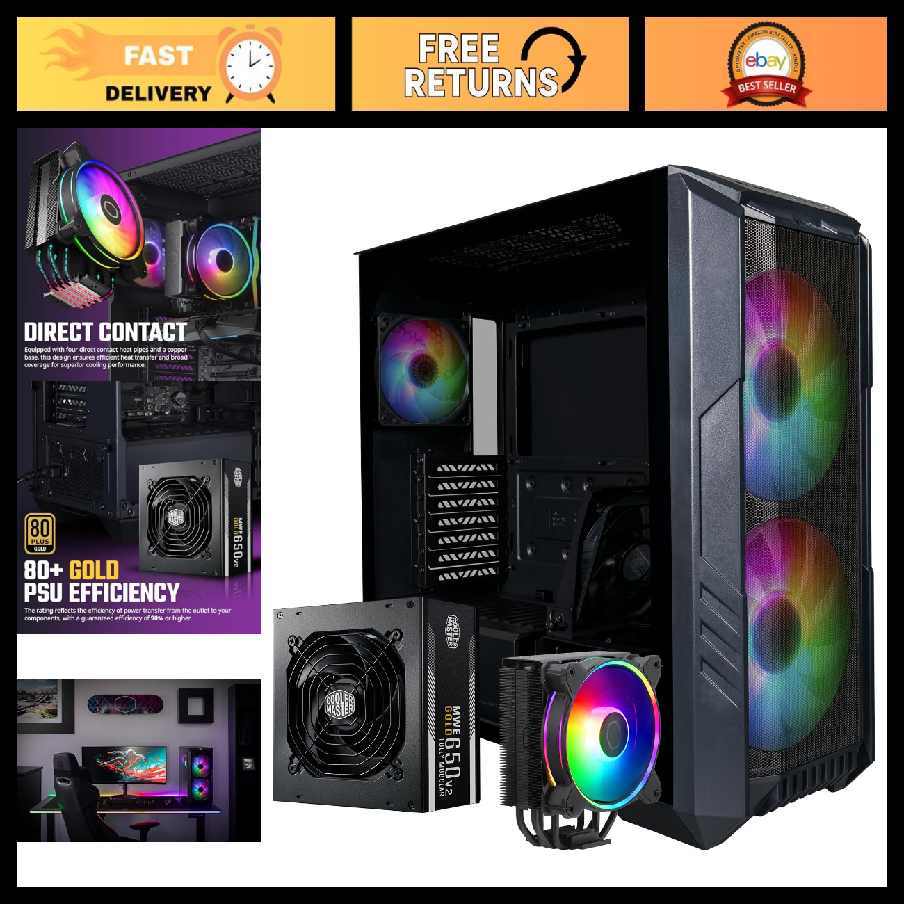 High Airflow ATX Mid-Tower PC Case Bundle with 200mm ARGB Fans, 650W PSU & CPU C