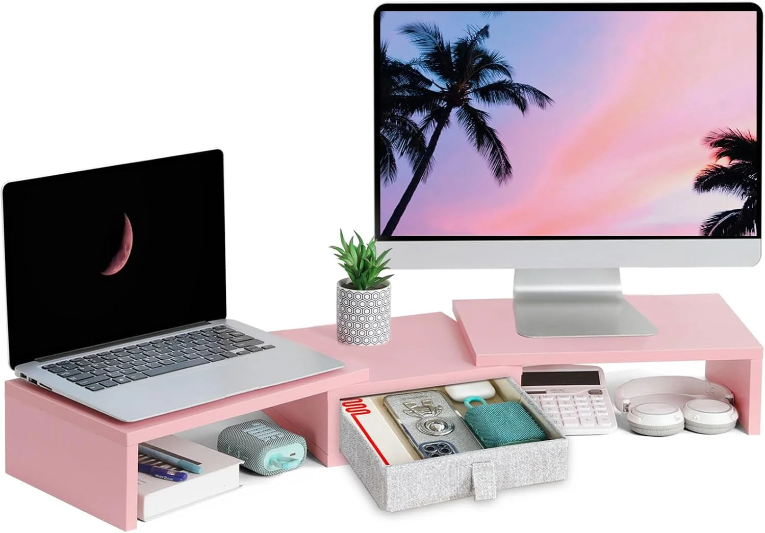 TEAMIX Pink Dual Monitor Stand Riser with Drawer - Length and Angle Adjustable D