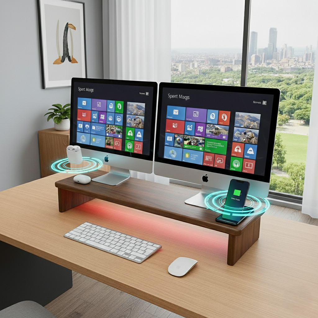 Wood Monitor Stand with Dual Wireless Charger, Headphone Charger & RGB LED Light