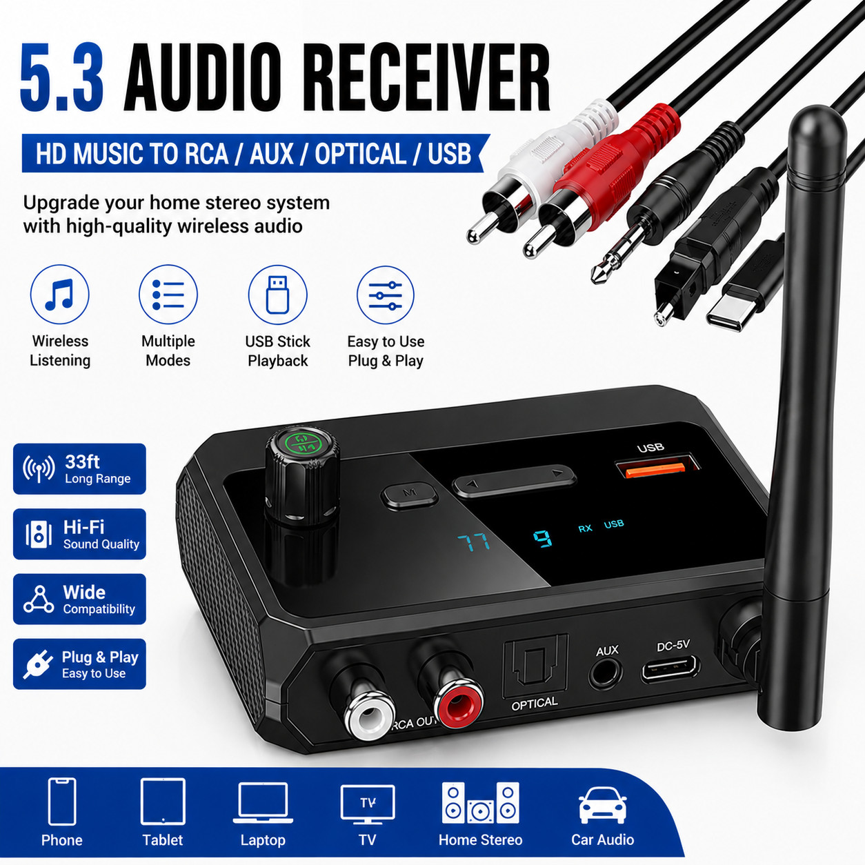 Bluetooth 5.3 Home Stereo Audio Receiver AUX USB Optical HD Music to RCA Adapter