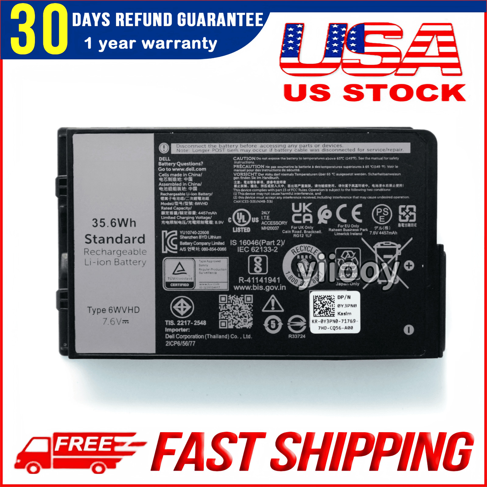 New 6WVHD Battery for Dell Latitude 7230 Rugged Extreme Tablet T06H VDDJY JM6CX