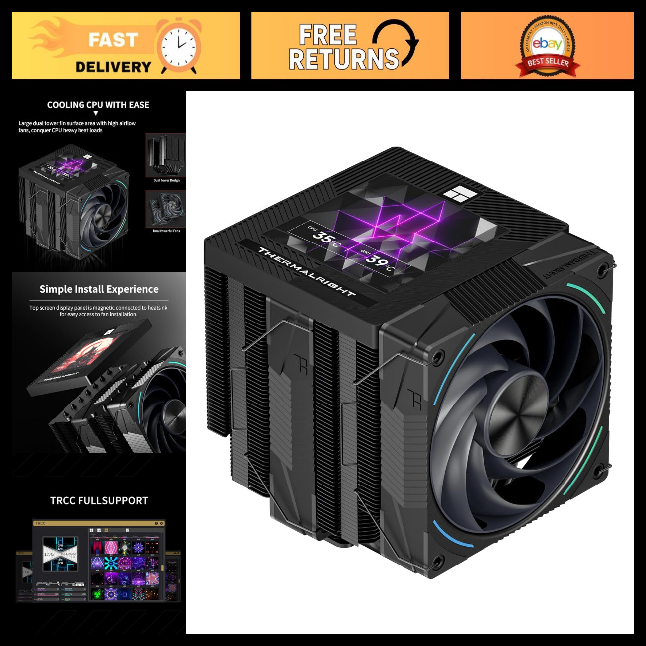 High-Performance CPU Air Cooler with Dual PWM Fans, 3.95in Display, LGA1851/1700