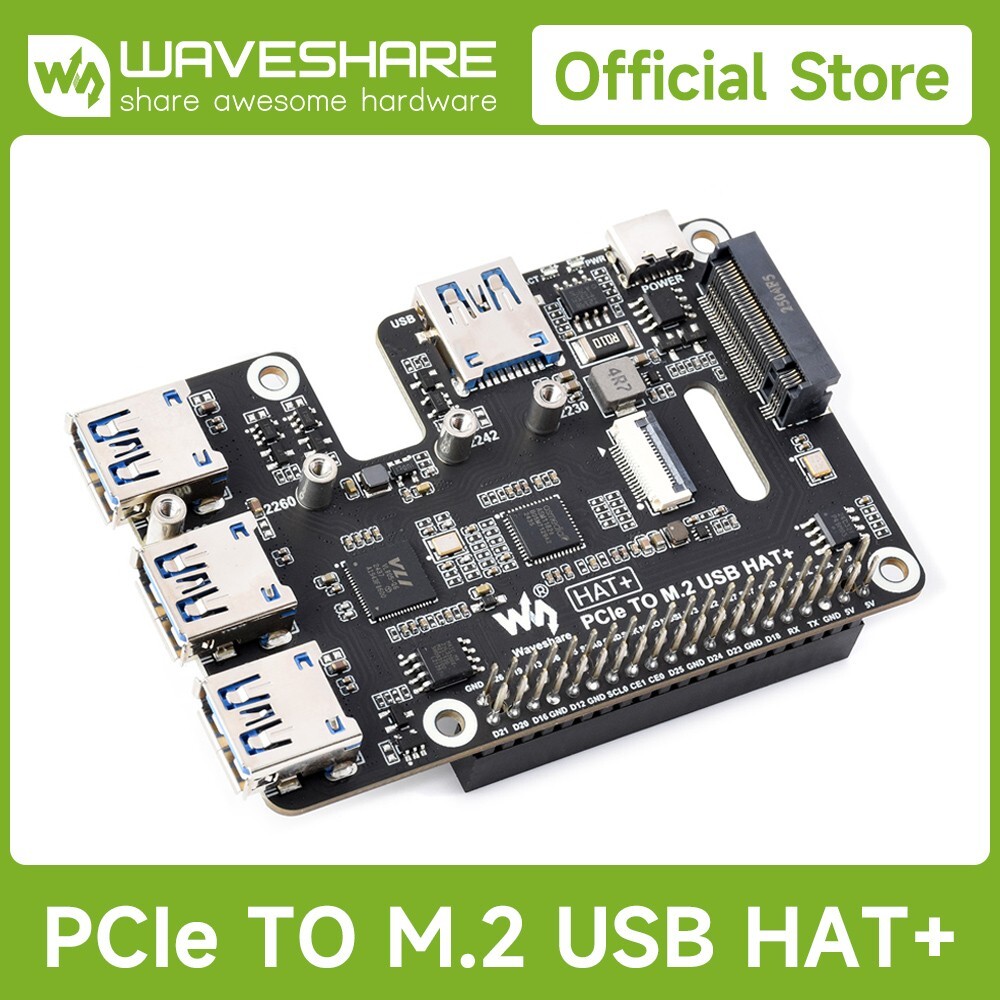 Waveshare PCIe To USB 3.2 Gen1 And M.2 HAT For Raspberry Pi 5 Supports NVMe