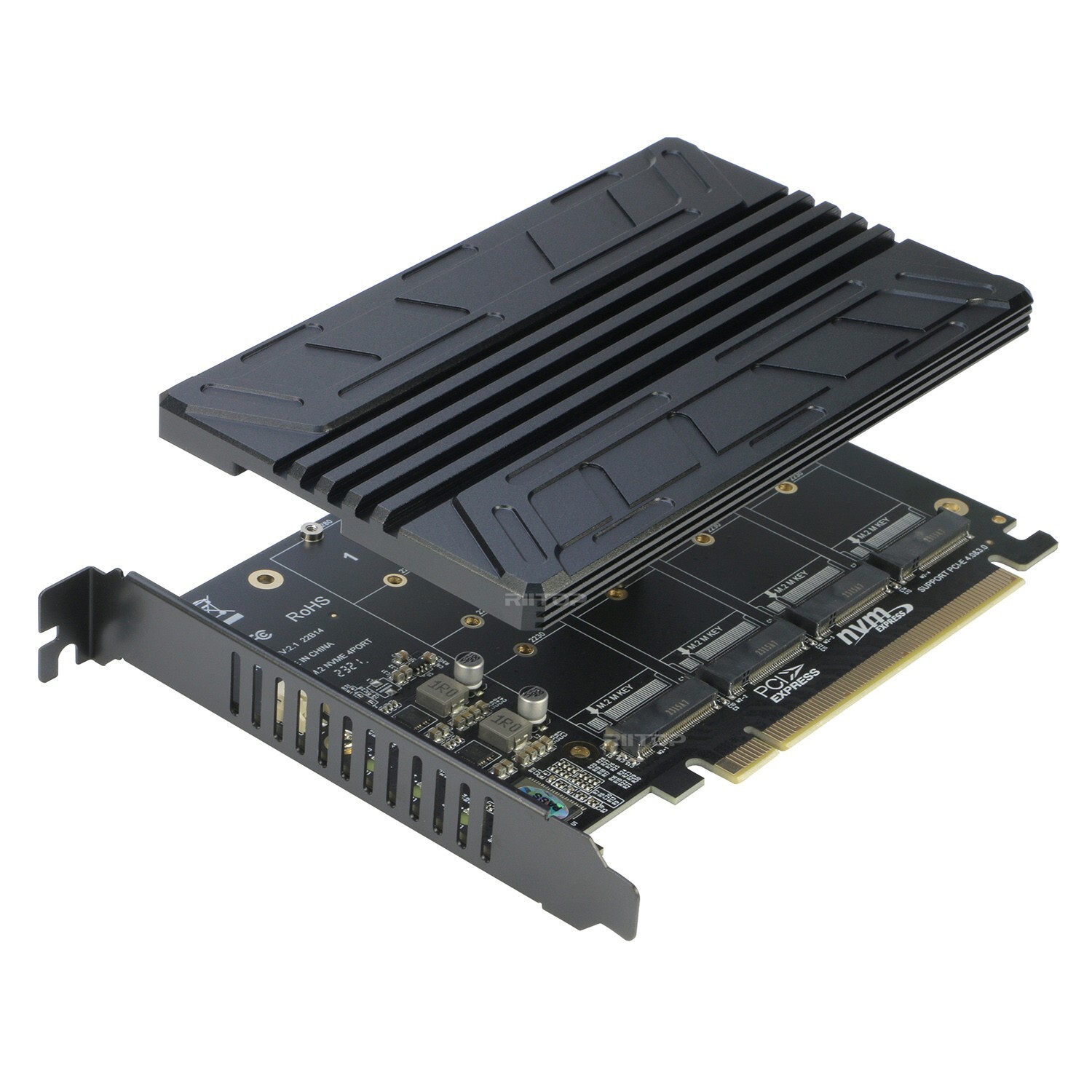 Quad M.2 NVMe SSD to PCIe 4.0 x16 Adapter Card with Heatsink Cooling