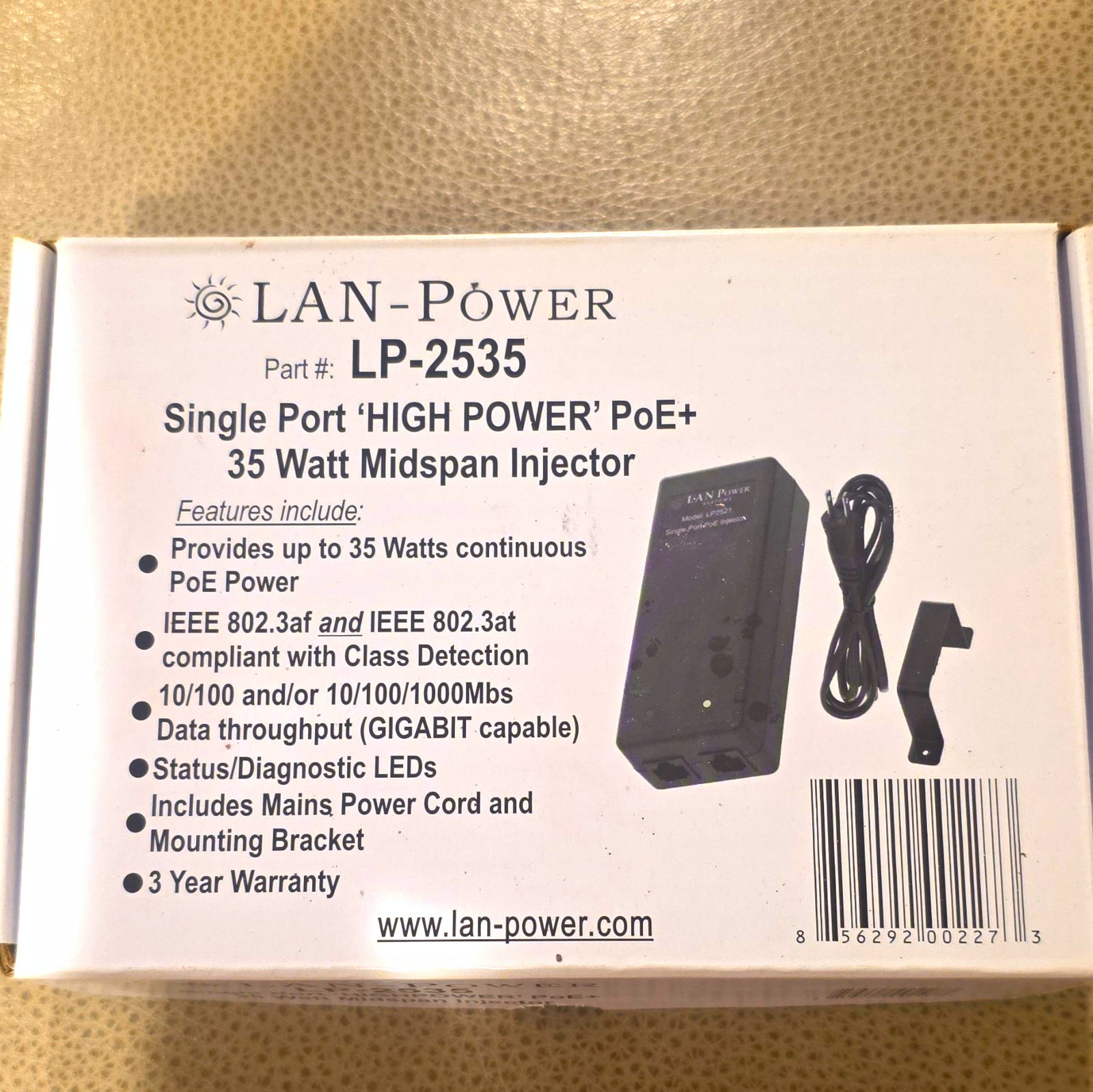 LAN-POWER LP-2535 Single Port PoE+ 35W Midspan Injector RJ-45 Ethernet
