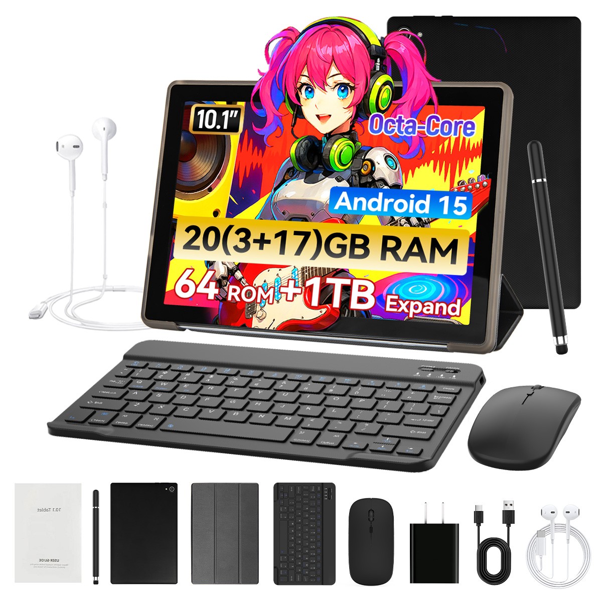 64GB Tablet 10.1" Android 15 HD Wifi 6 Dual Camera 5MP 8MP A523 PC Black/White