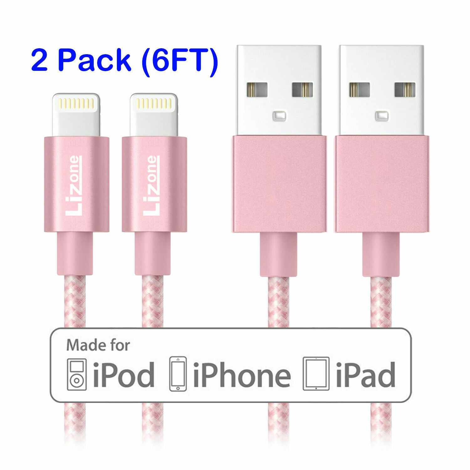 2X Lightning Cable 6Ft iPhone iPad iPod Charger Cord MFi Certified Nylon Rose
