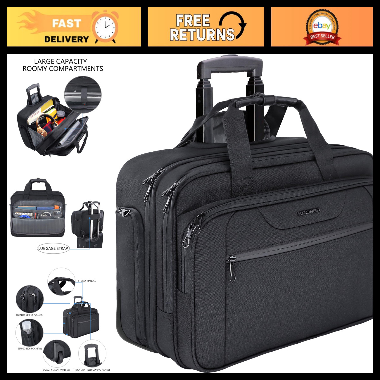 17.3" Rolling Laptop Bag, Wheeled Briefcase, Travel Roller Case for Laptops
