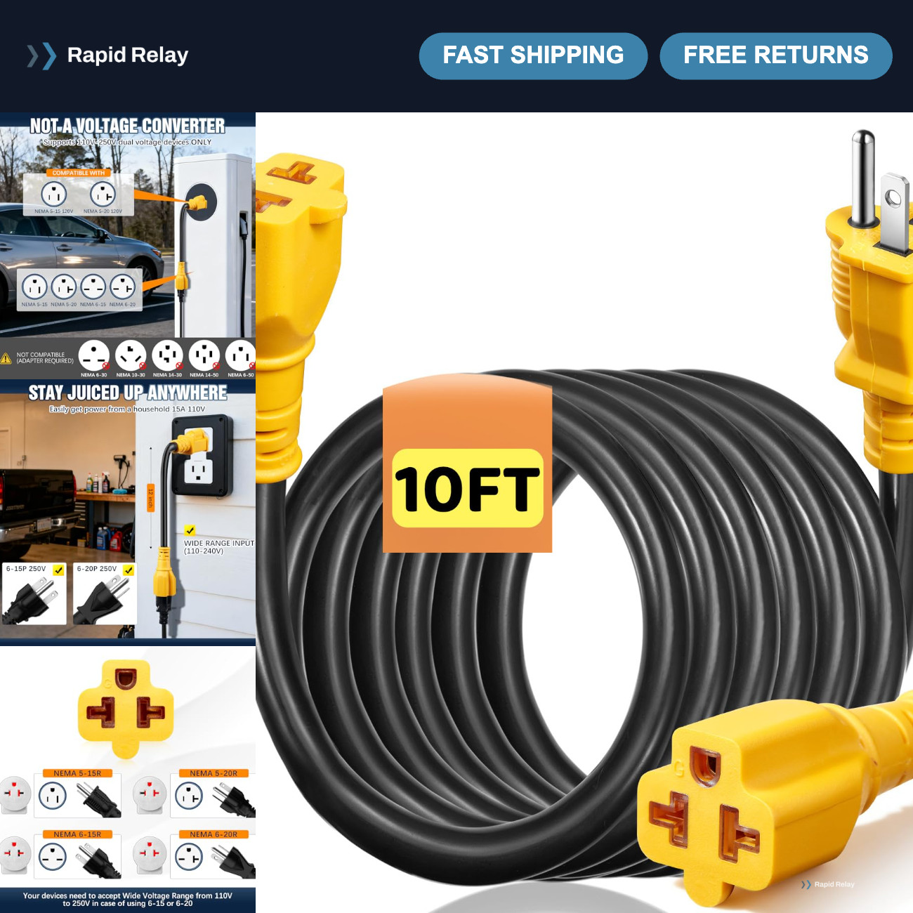 10FT 15A to 20A Power Adapter Cable, 12AWG NEMA 5-15P/5-20R/6-15R/6-20R T Blade