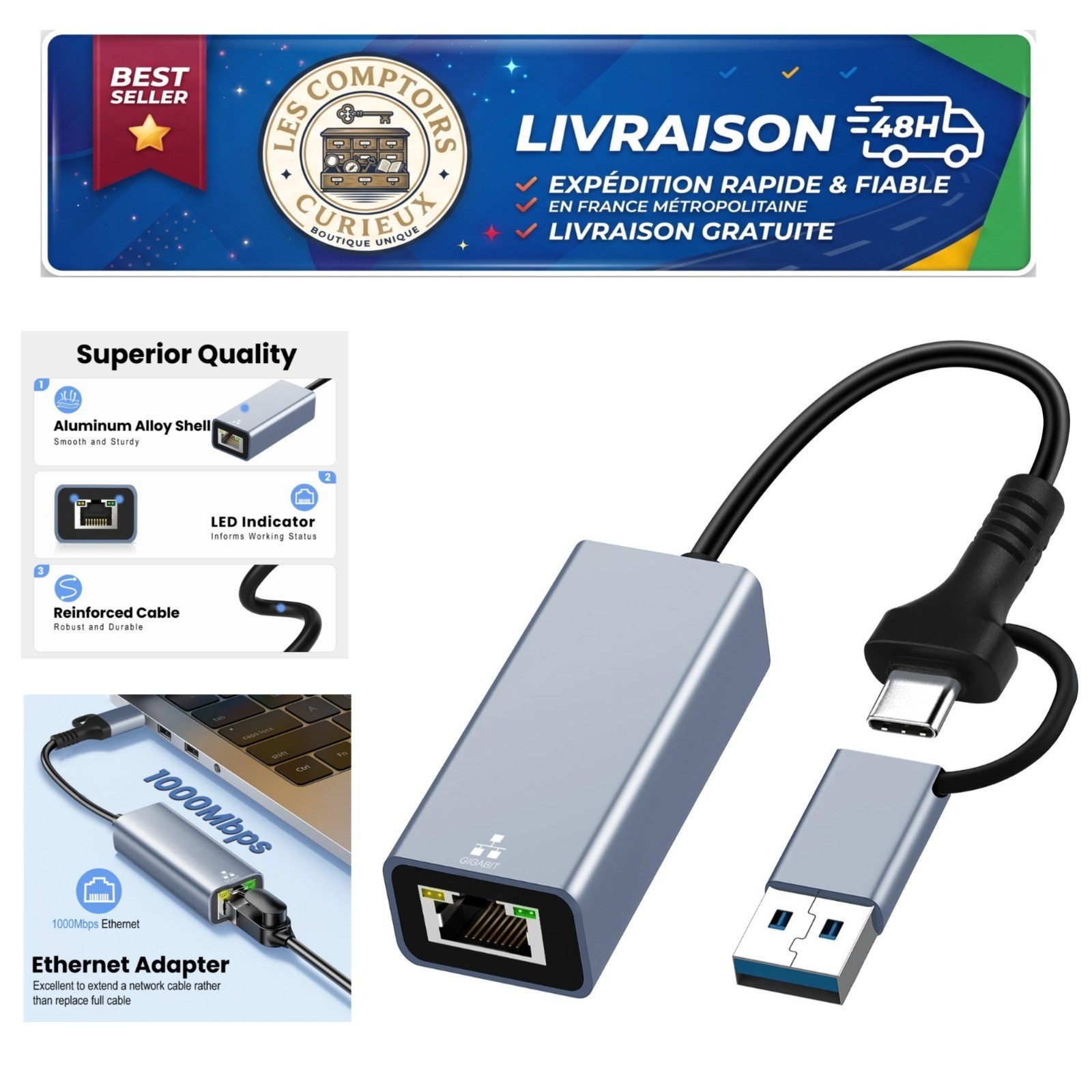 USB-C to Ethernet Adapter USB 3.0 RJ45 Gigabit LAN 1000 Mbps LBSC