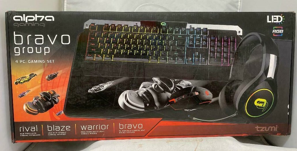 Tzumi Alpha Gaming Bravo Group 4 Pc Set Keyboard Headset Mouse Mat 