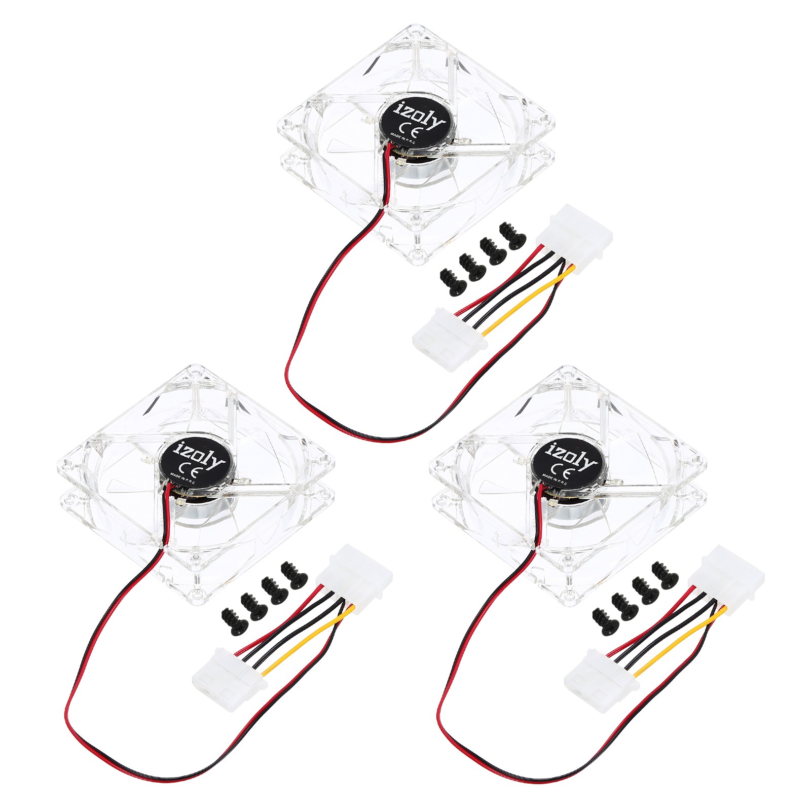 3Pcs Clear Computer Case Fan 1800RPM 80mm 4 Pin White 4 LED 12V with 12 Screws