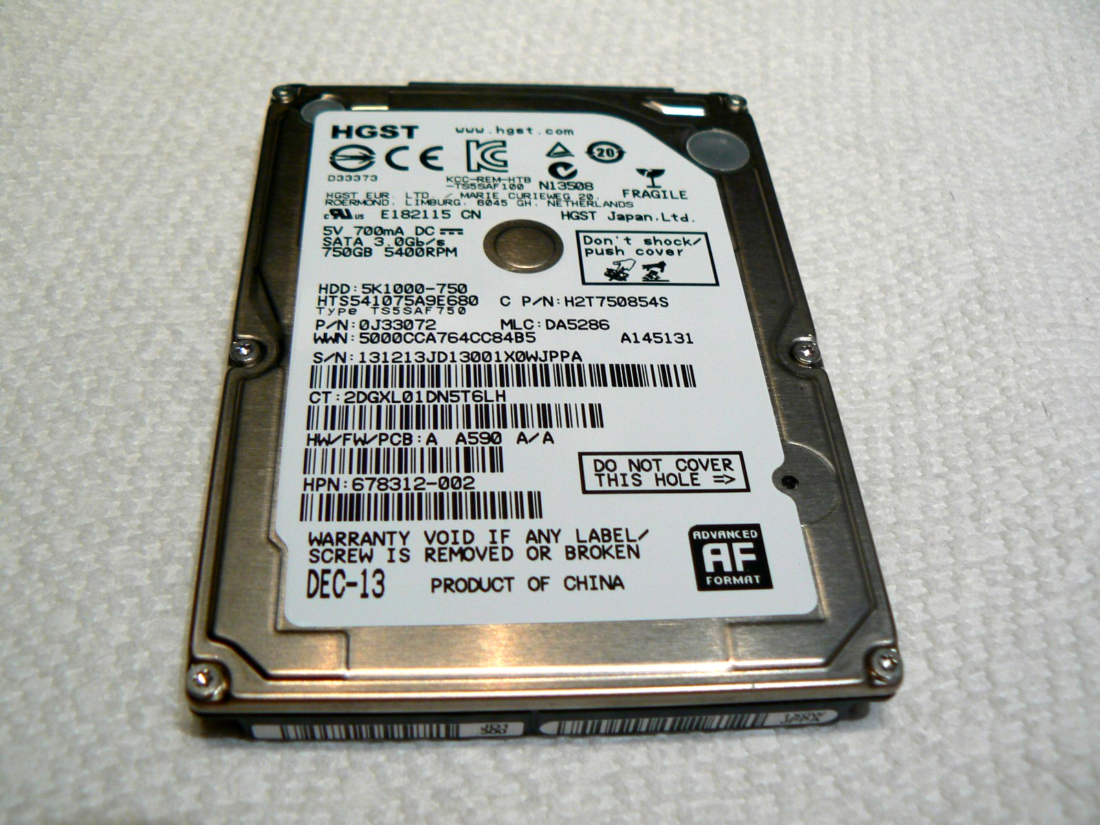 HGST 750 GB 2.5" 5400 RPM 8 MB SATA III Hard Disk Drive HDD 5k1000-750 TESTED