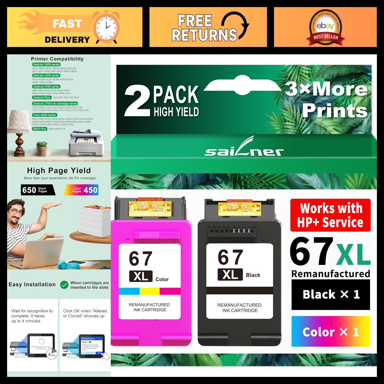 High-Capacity 67XL Ink Cartridges Combo Pack - Black & Color Replacement Set