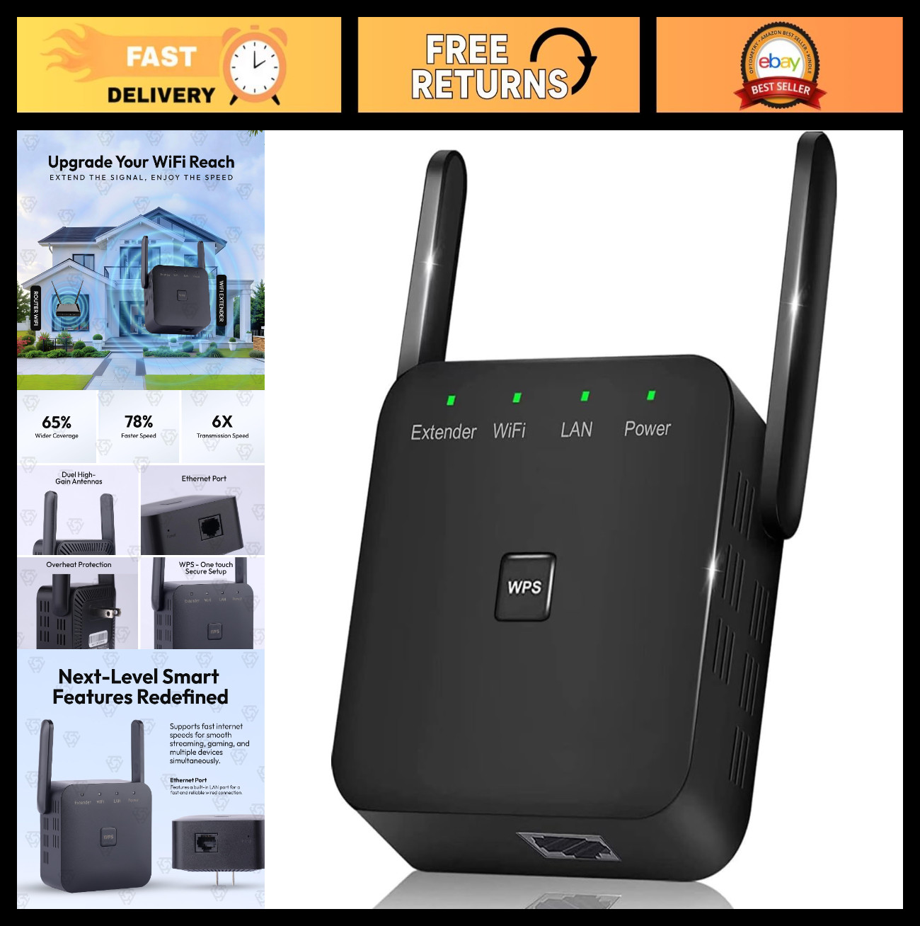 2026 High-Speed WiFi Extender Signal Booster 10000 Sq.ft, 80 Devices, Ethernet P