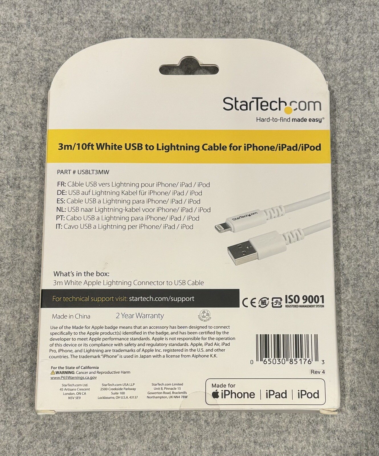 USBLT3MW StarTech 10ft Long White Apple 8pin Lightning Connector to USB Cable 
