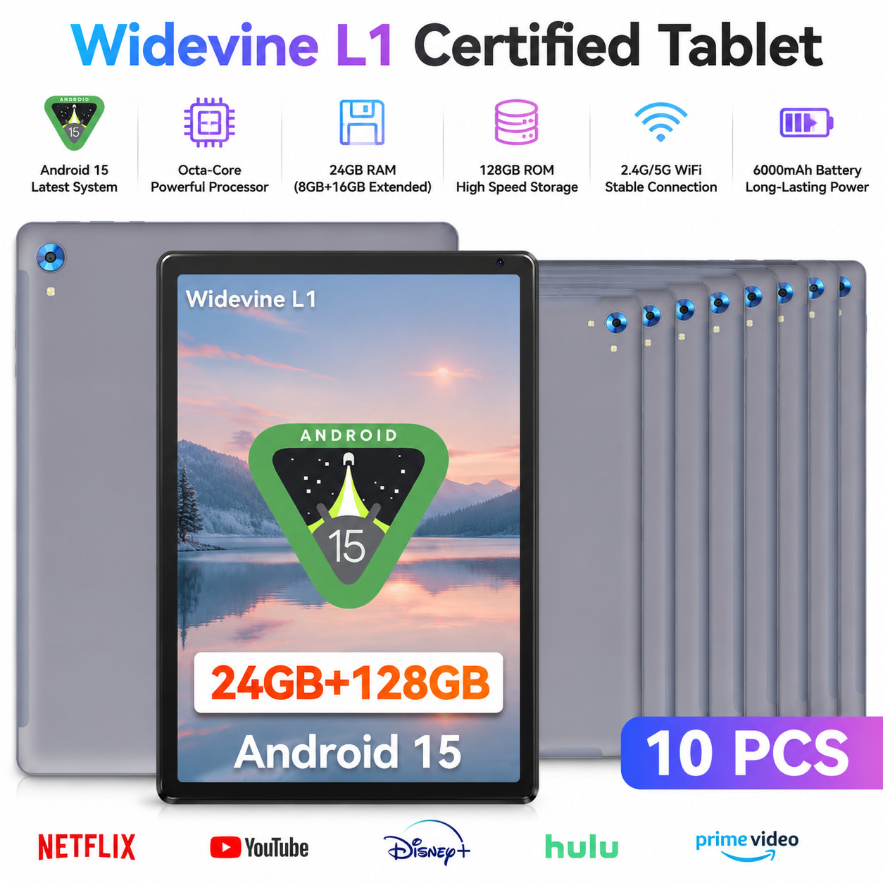 10Pack Tablet Android 15 Octa-Core 24GB+128GB Wifi 6 Dual Camera 5MP+8MP New