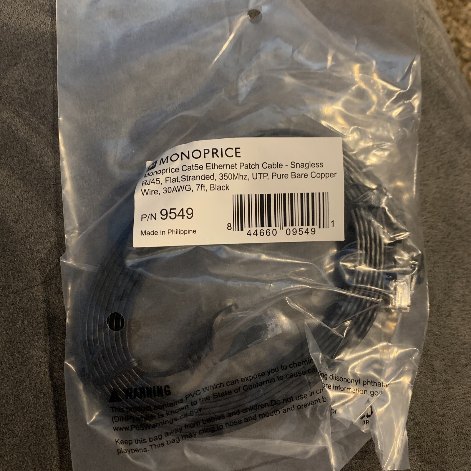 Cat5e Ethernet Patch Cable RJ45 FlatStranded 350Mhz UTP Copper 30AWG 7ft Black