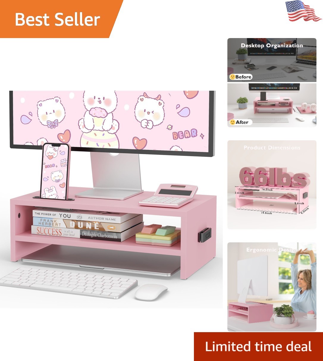 Elegant Ergonomic Wooden Monitor Stand Riser – 2-Tier Pink Desk Organizer