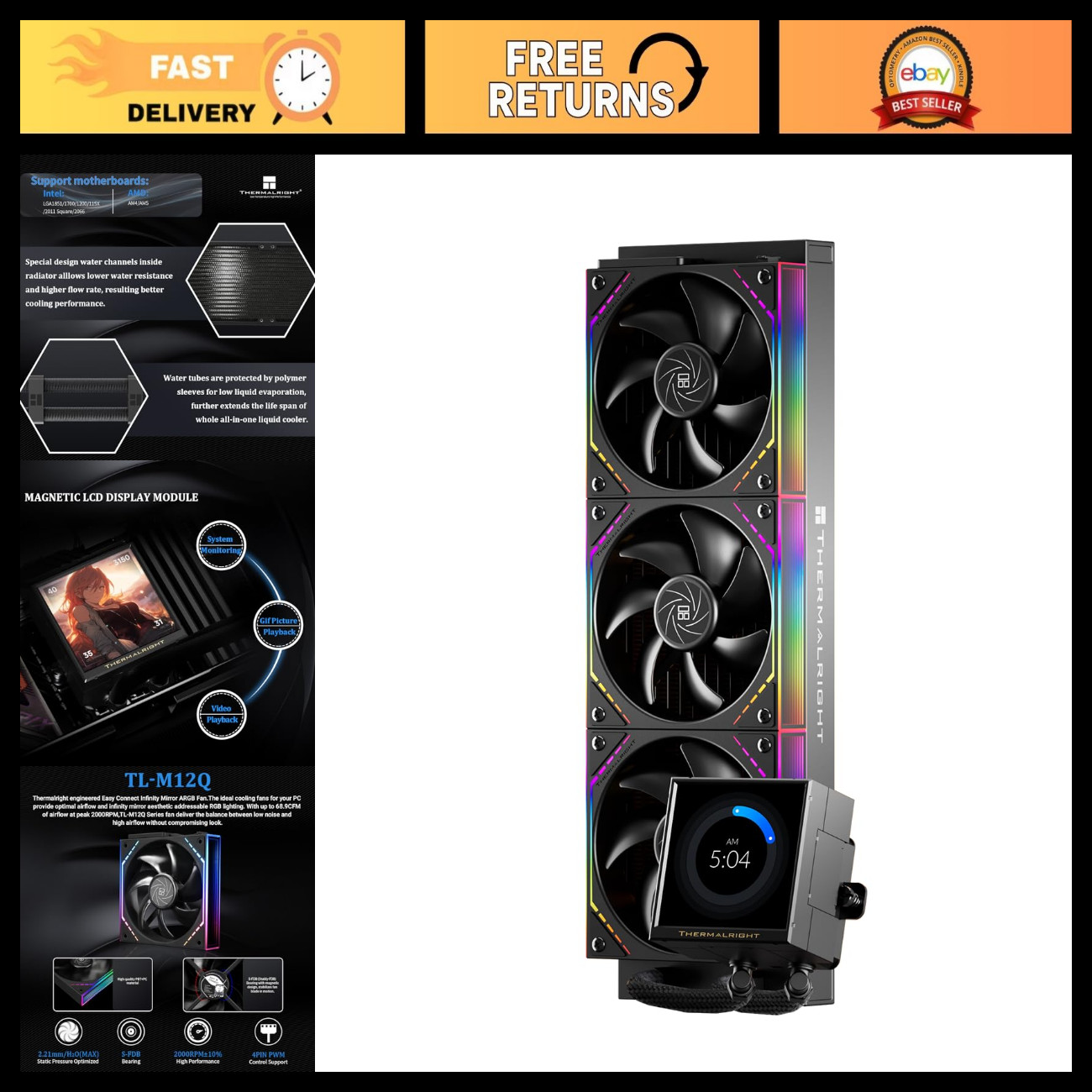 High-Performance 360mm ARGB CPU AIO Cooler, IPS LCD Screen, AM4/AM5 & Intel Comp